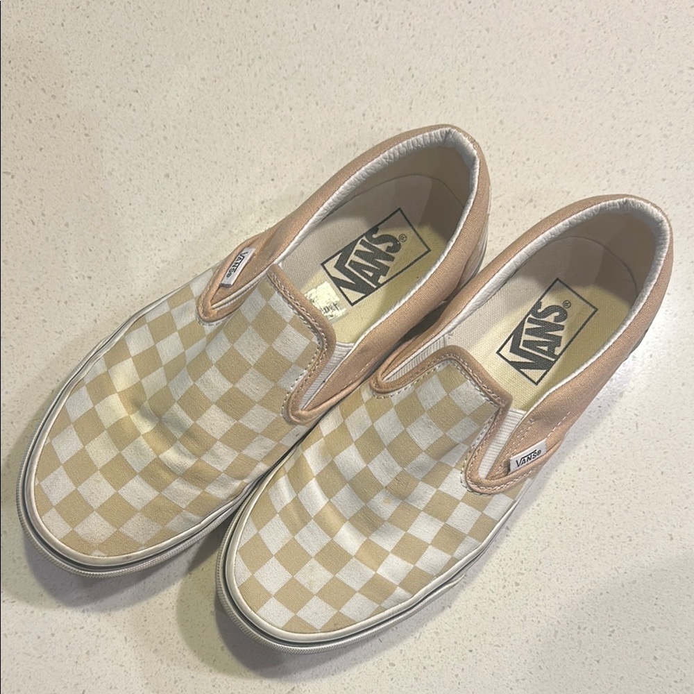 Vans Beige and White Checkered Slip-Ons